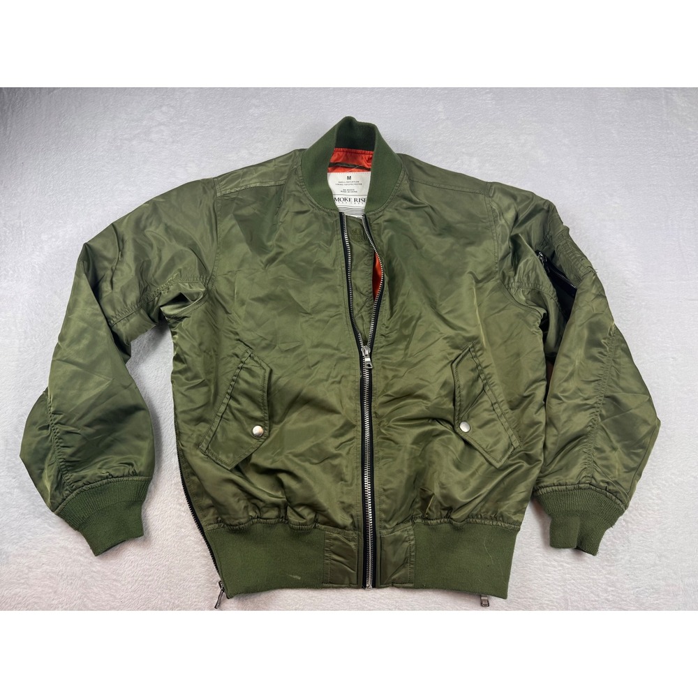 Smoke Rise Mens Olive Green MA-1 Bomber Jacket Side Zip Flight Jacket Medium